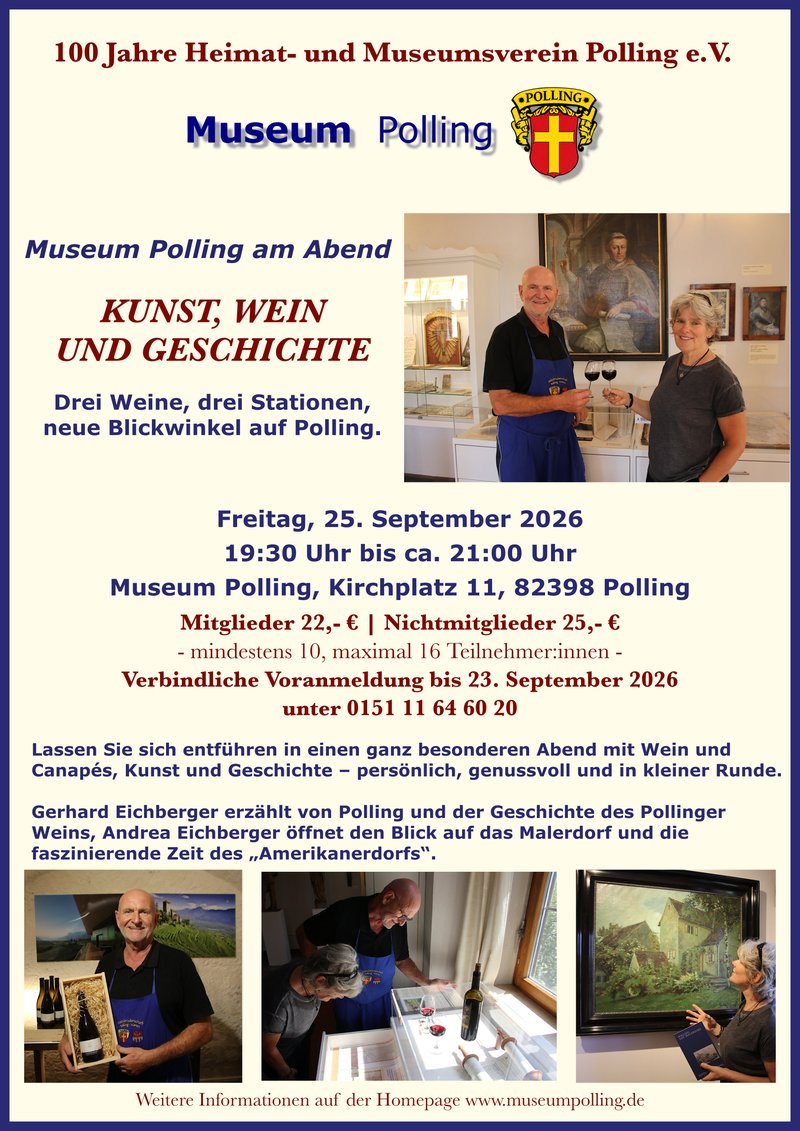 Plakat Museum Polling am Abend - Kunst, Wein und Geschichte